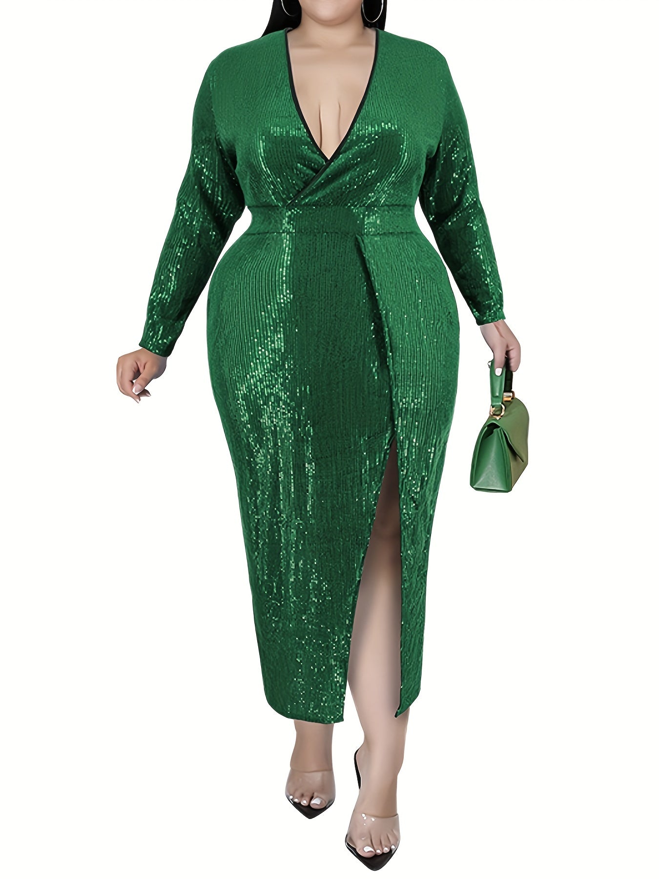 Sequin Deep V Neck Maxi Dress with High Split Sleeves