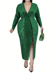 Sequin Deep V Neck Maxi Dress with High Split Sleeves