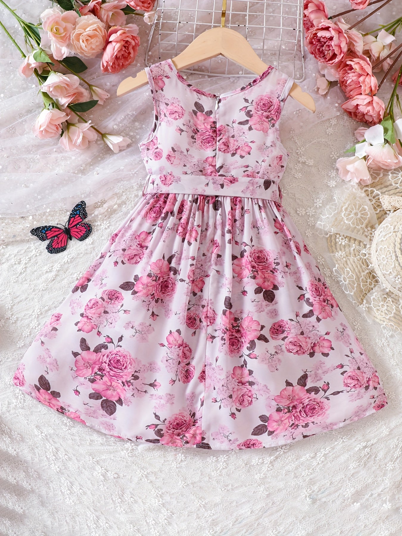 Girls V neck Flowers Graphic Belted Skirt Rompers