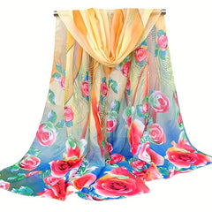 Rose Print Chiffon Scarf Thin Silk Wrap Hijab Sunscreen Shawl