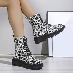 Leopard Print Combat Boots Lace Up Platform Ankle Boots