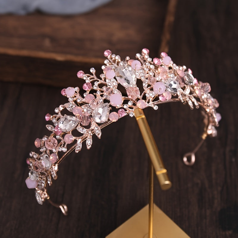 Golden Pearl Bridal Tiara Wedding Crown Floral Hairpiece