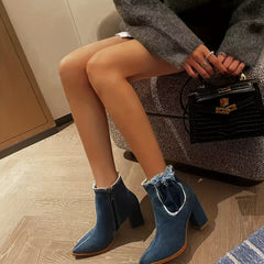 Women's Denim Ankle Boots Pointed Toe Block Heels Side Zipper