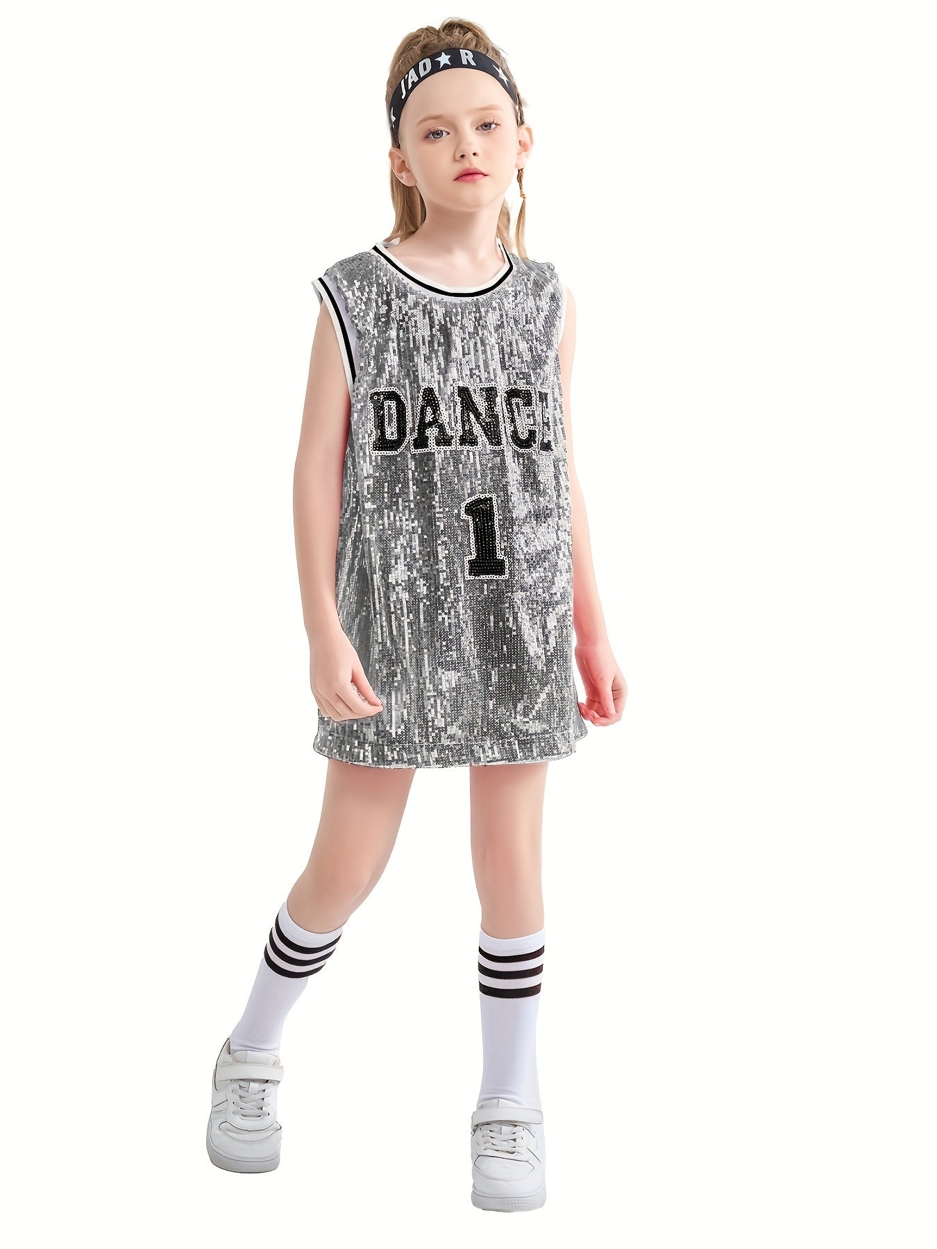 Girls Sequin Sleeveless T shirt Dress Socks Set For Dance Performance