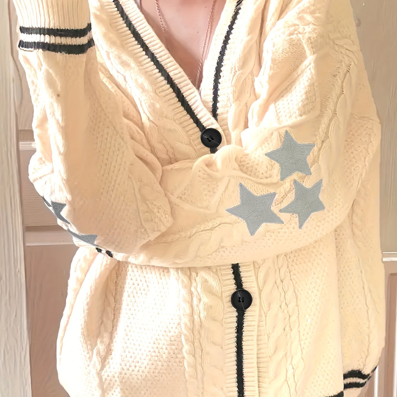  Stripe & Star Print Button Up Long Sleeve Cardigan