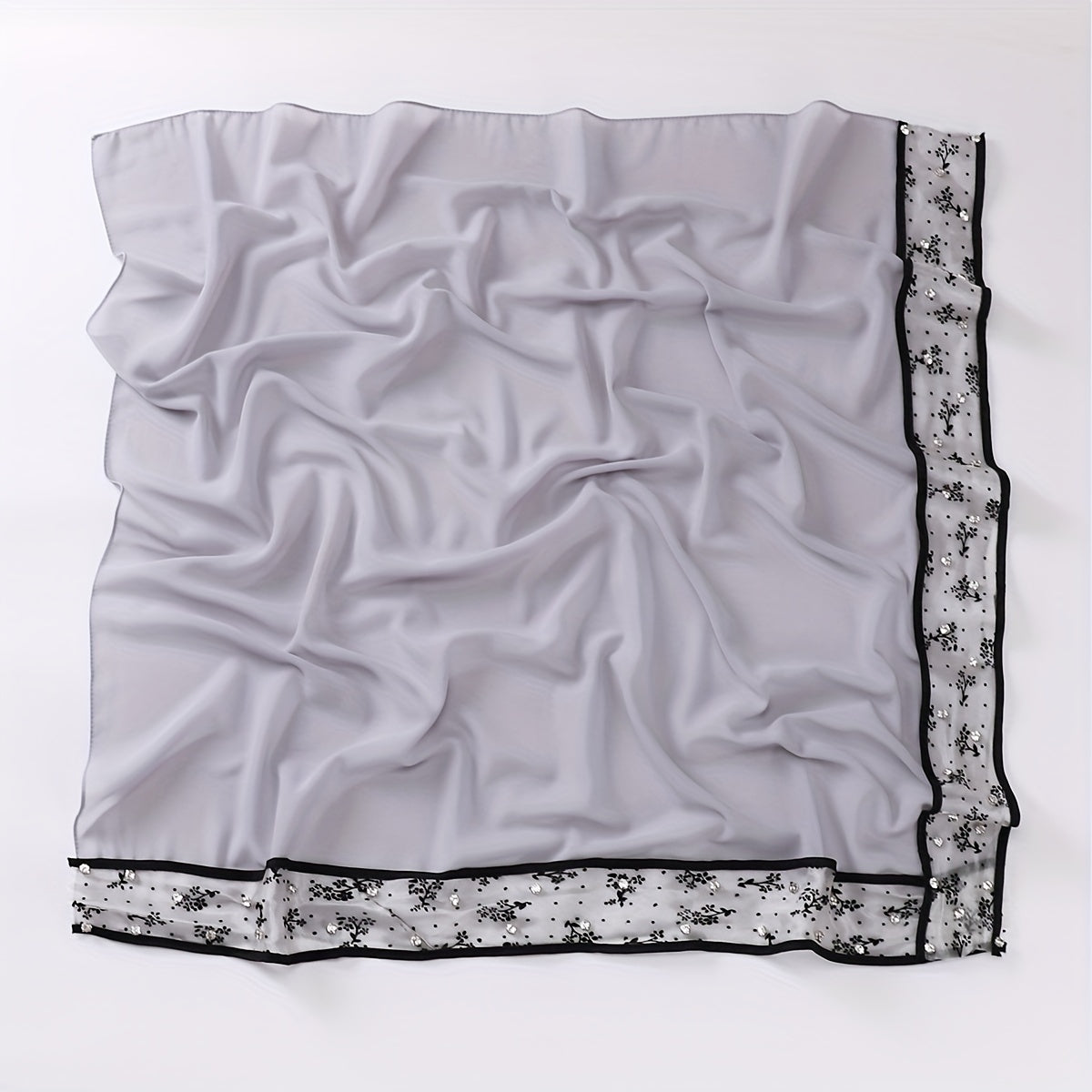 Chiffon Square Scarf Faux Pearl Decor Lace Hijab Solid Head Wrap