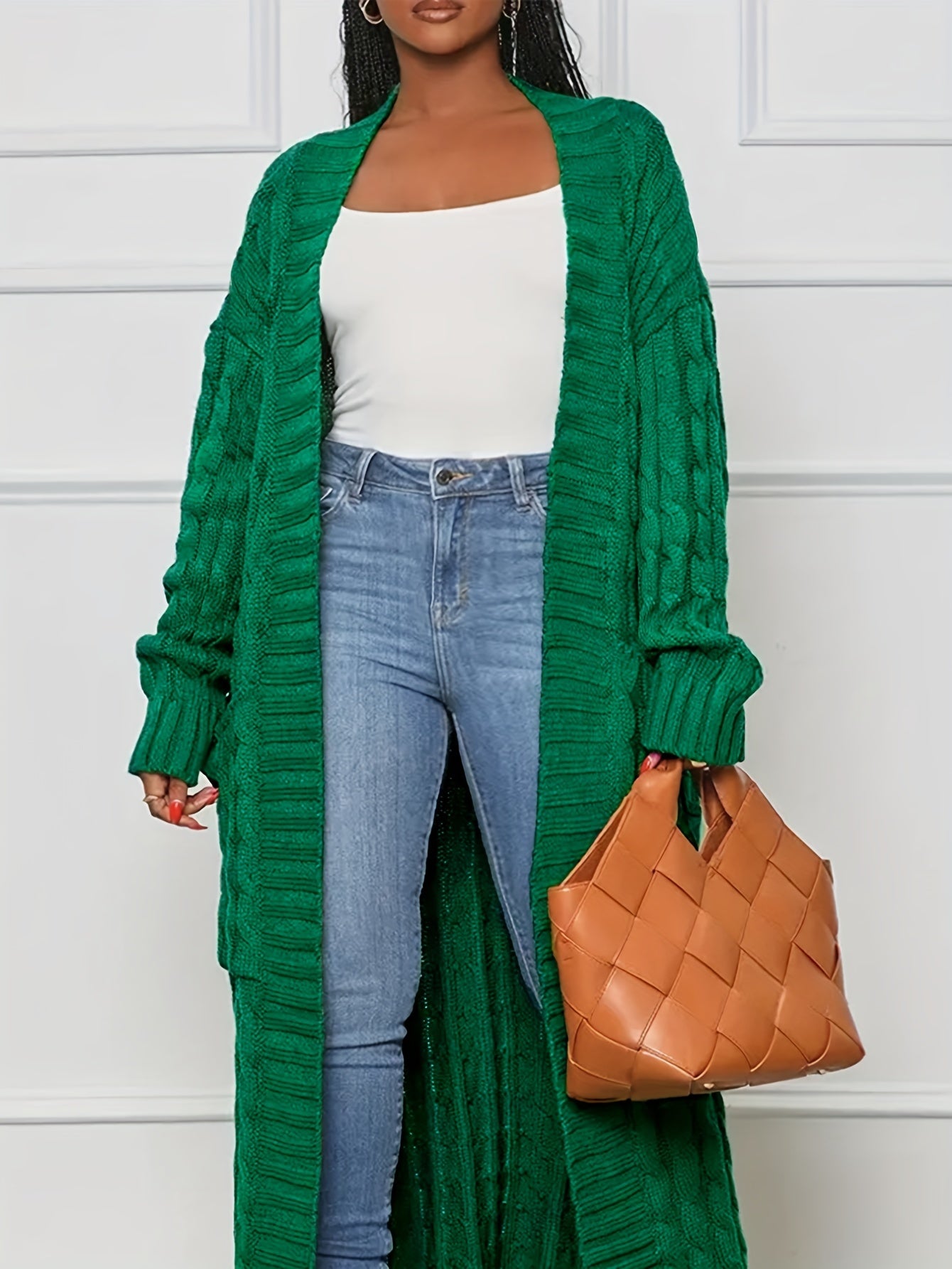  Solid Cable Long Sleeve Open Front Cardigan