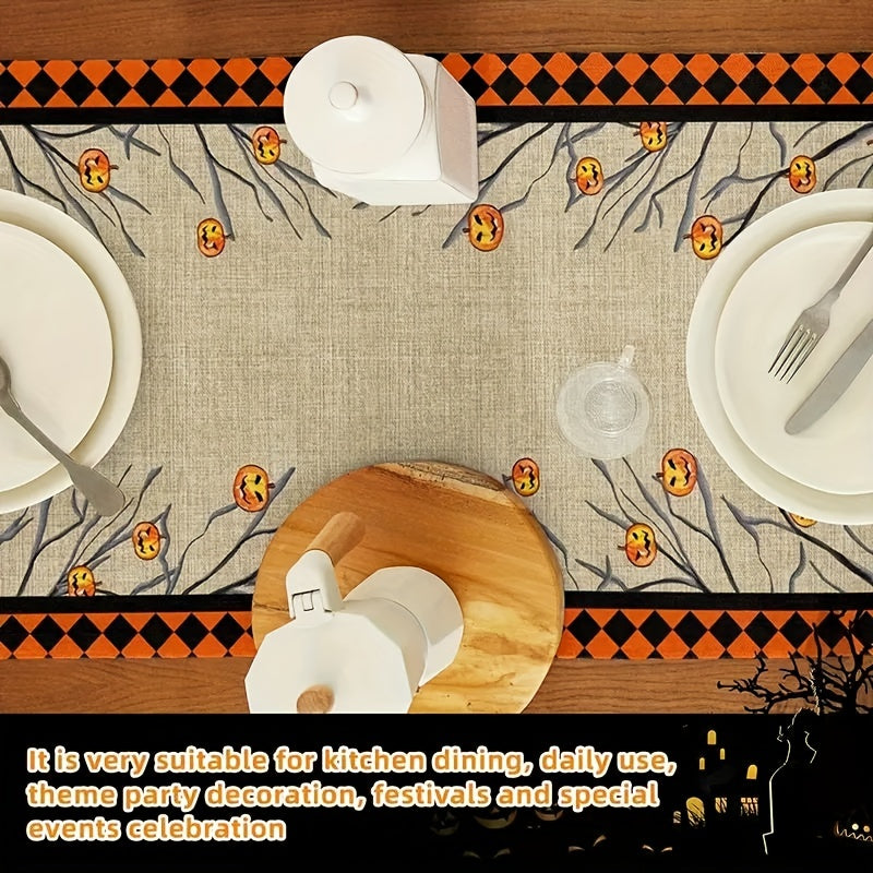 Polyester Table Runner Spooky Halloween Vintage Plaid Cat Skull Jack o' lantern