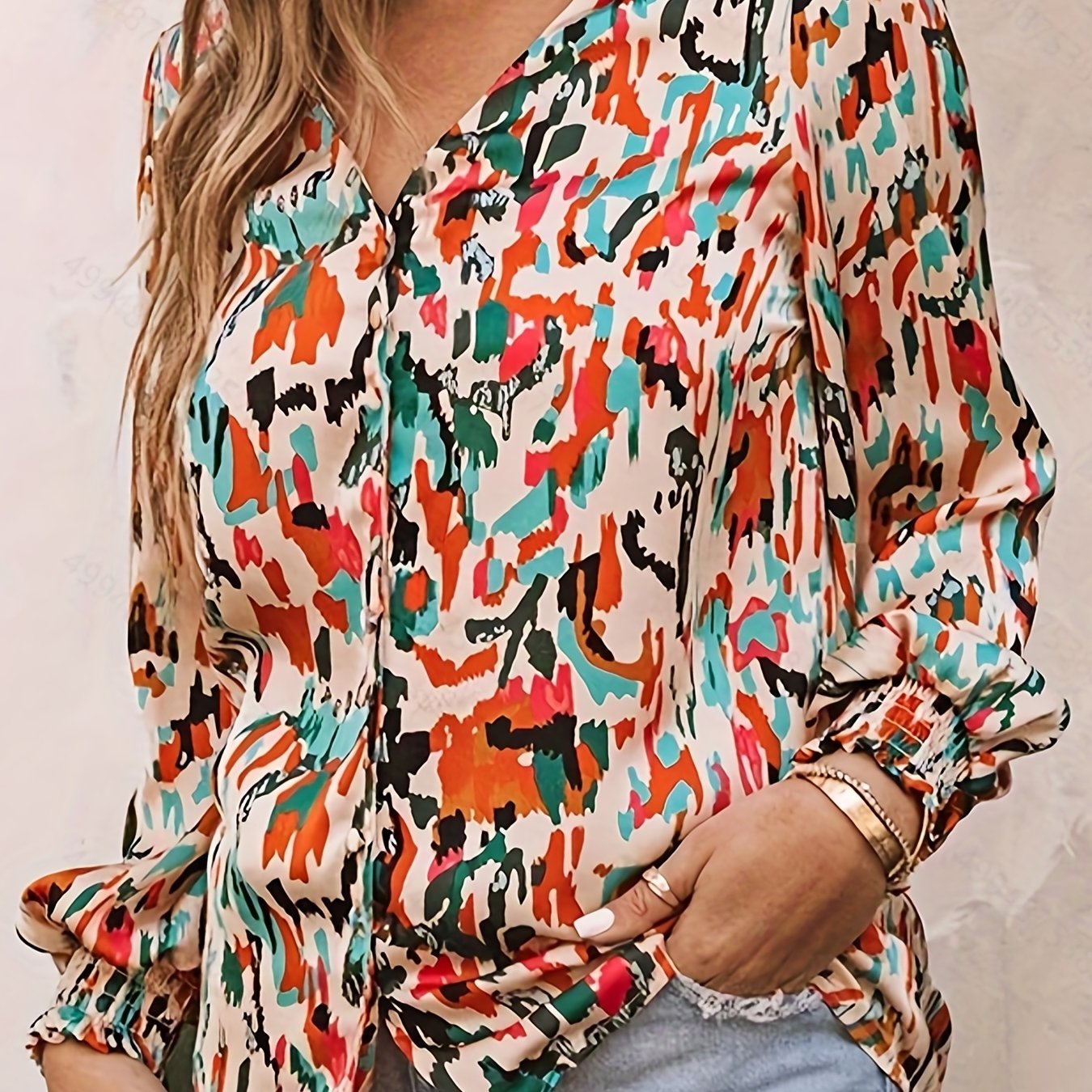  Boho Blouse Random Print Button Up V Neck Shirt Top