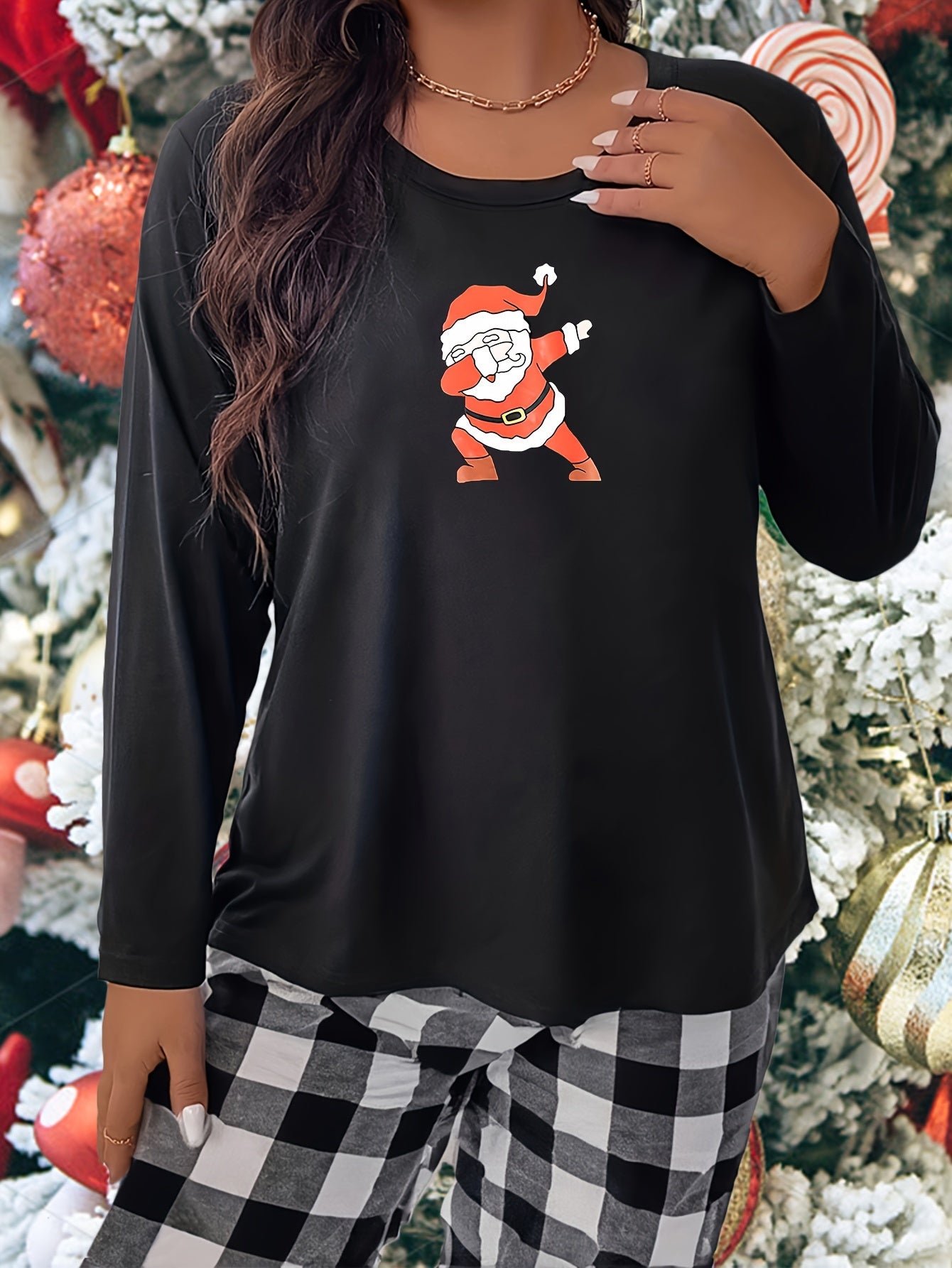  Christmas Casual Pajama Top Women's Plus Santa Print Long Sleeve Tee