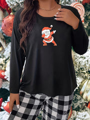  Christmas Casual Pajama Top Women's Plus Santa Print Long Sleeve Tee
