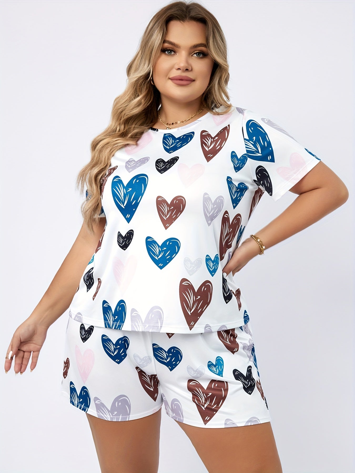  Heart Print Tee & Shorts Pajama Set