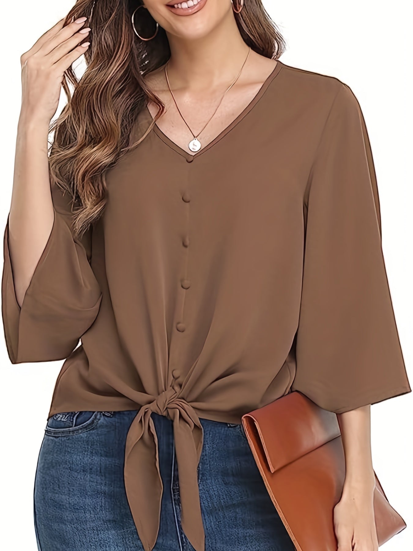  Casual Blouse Women's Plus Solid Button Decor Half Sleeve