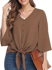  Casual Blouse Women's Plus Solid Button Decor Half Sleeve