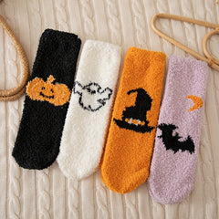 4 Pairs Pumpkin & Bat Print Socks & Funny Halloween Fuzzy Socks Women's