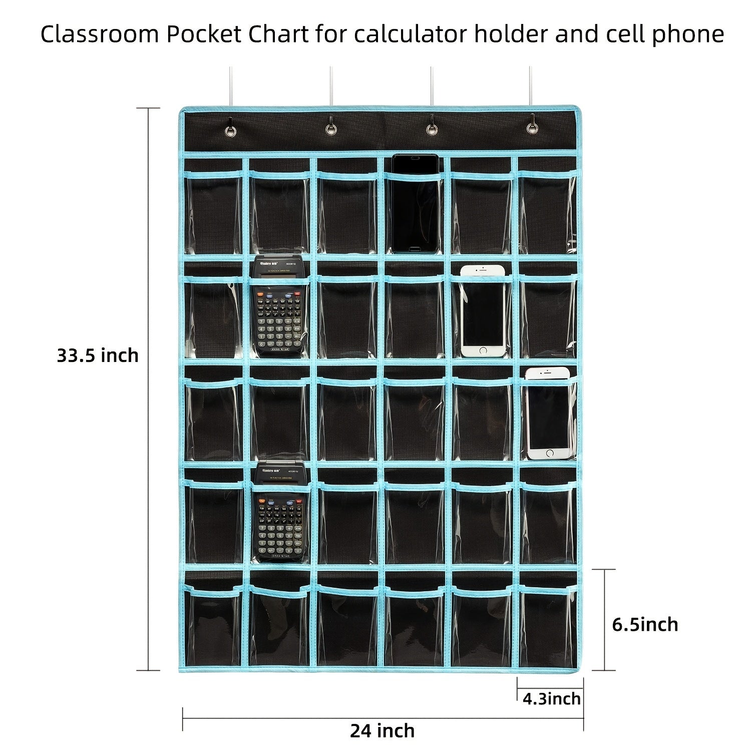 Classroom Cellphone & Calculator Organizer with Hanging Hooks & Number Stickers