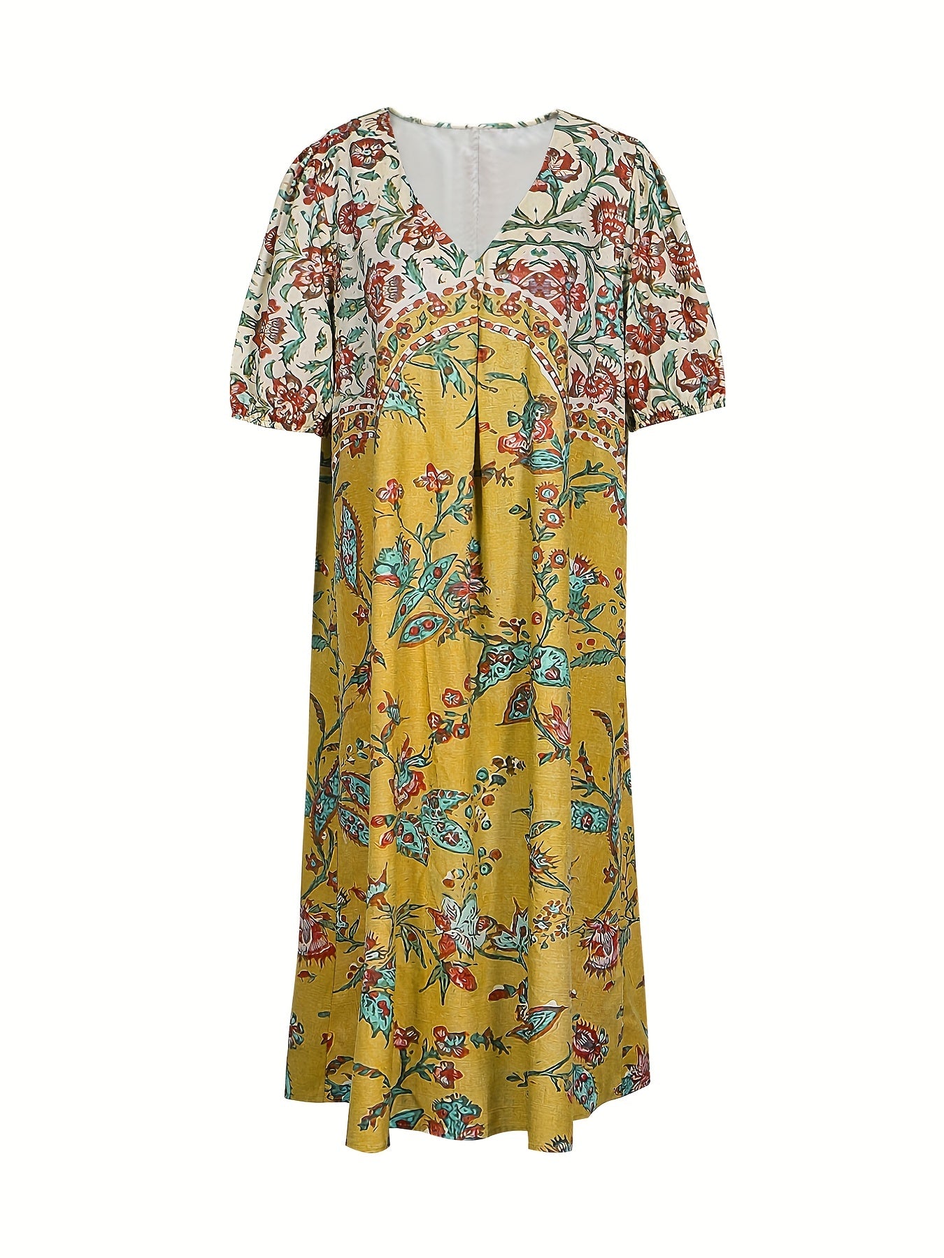  Floral Print V Neck Midi Dress