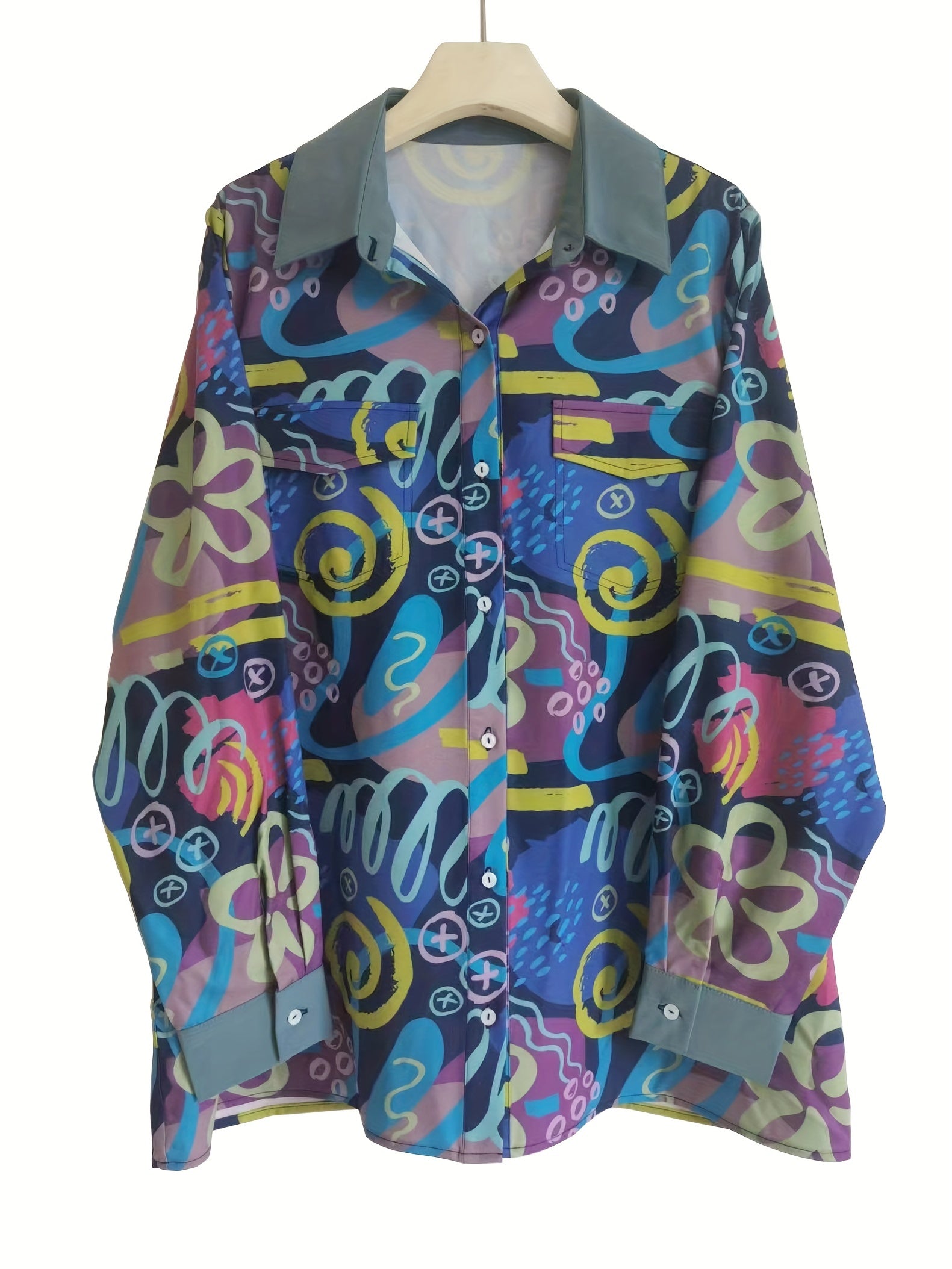  Graffiti Print Button Up Blouse