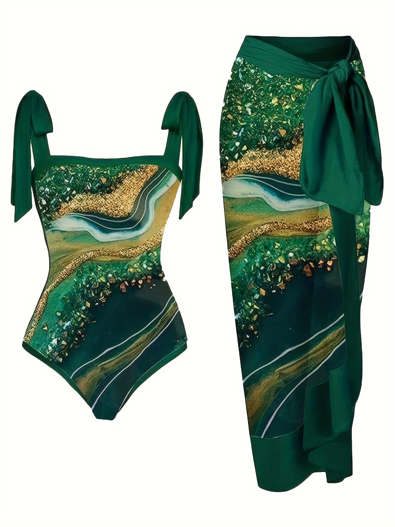  Marble Print Tankini Set One Piece Swimsuit & Skirt Two Piece Bathing