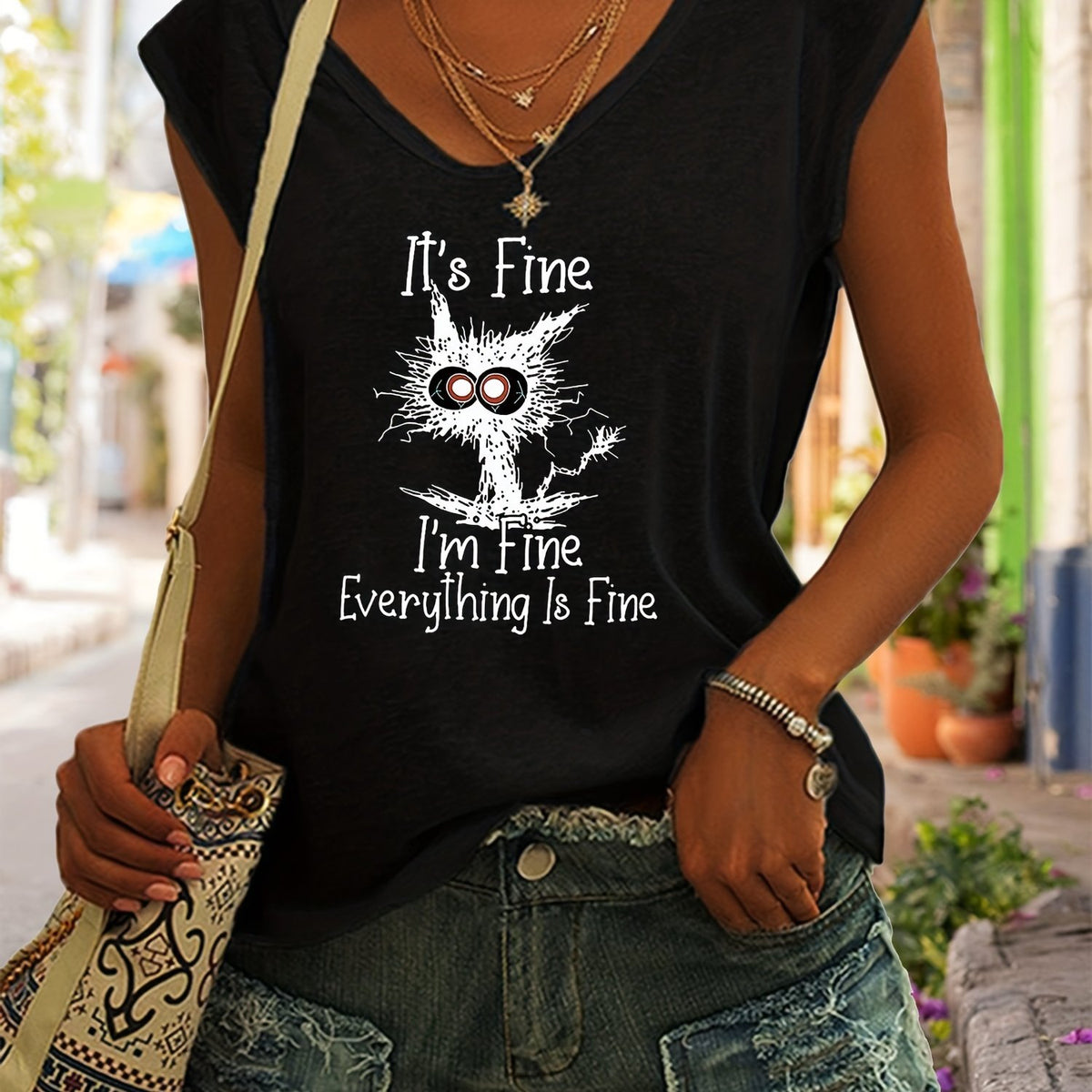 Fine Print Tank Top Sleeveless Casual Top for Summer & Spring Women's