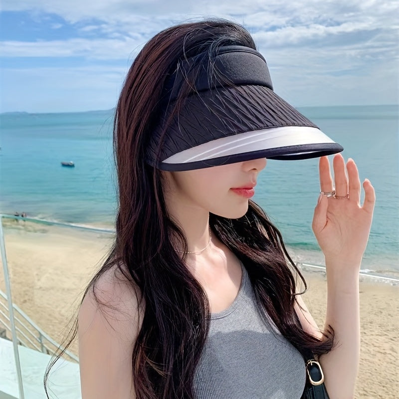 Striped Embossed Visor Hat Wide Brim UV Protection Sun Hats for Women