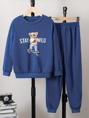 Boy's Street Style Outfit 2pcs Sweatshirt & Sweatpants Set STAY WILD Print