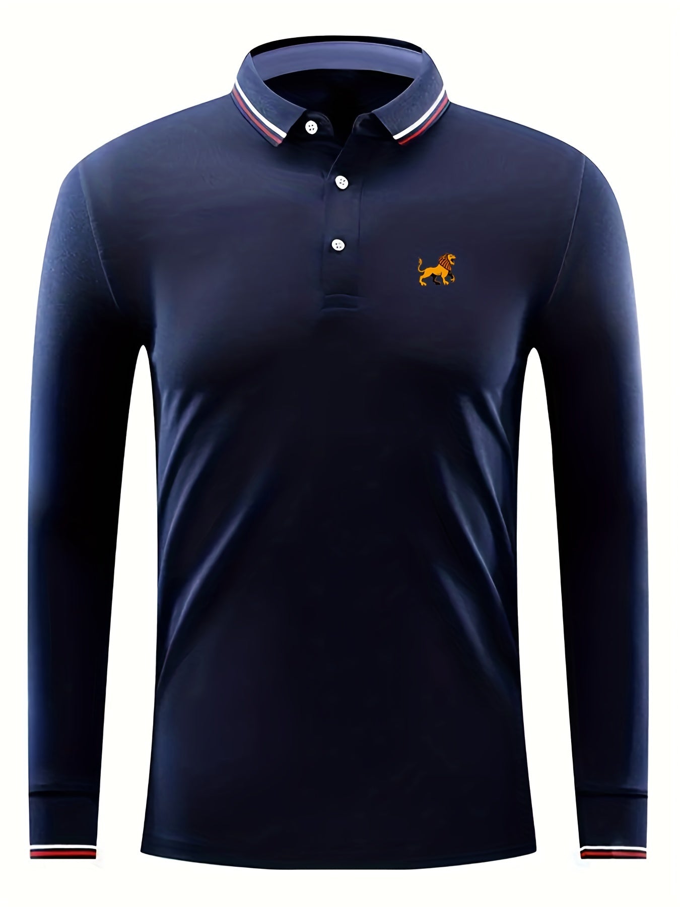 Men's Lion Print Long Sleeve Polo Shirt Casual Stretch Button Up Top