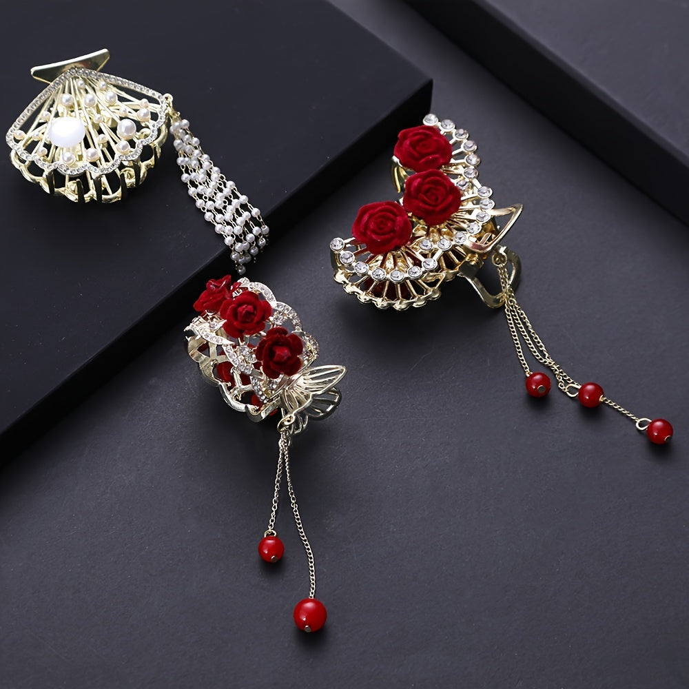 Chinese Style Rose Hair Clip Alloy Hairpin Decorated With Rhinestones Tassel