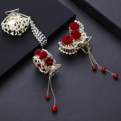 Chinese Style Rose Hair Clip Alloy Hairpin Decorated With Rhinestones Tassel