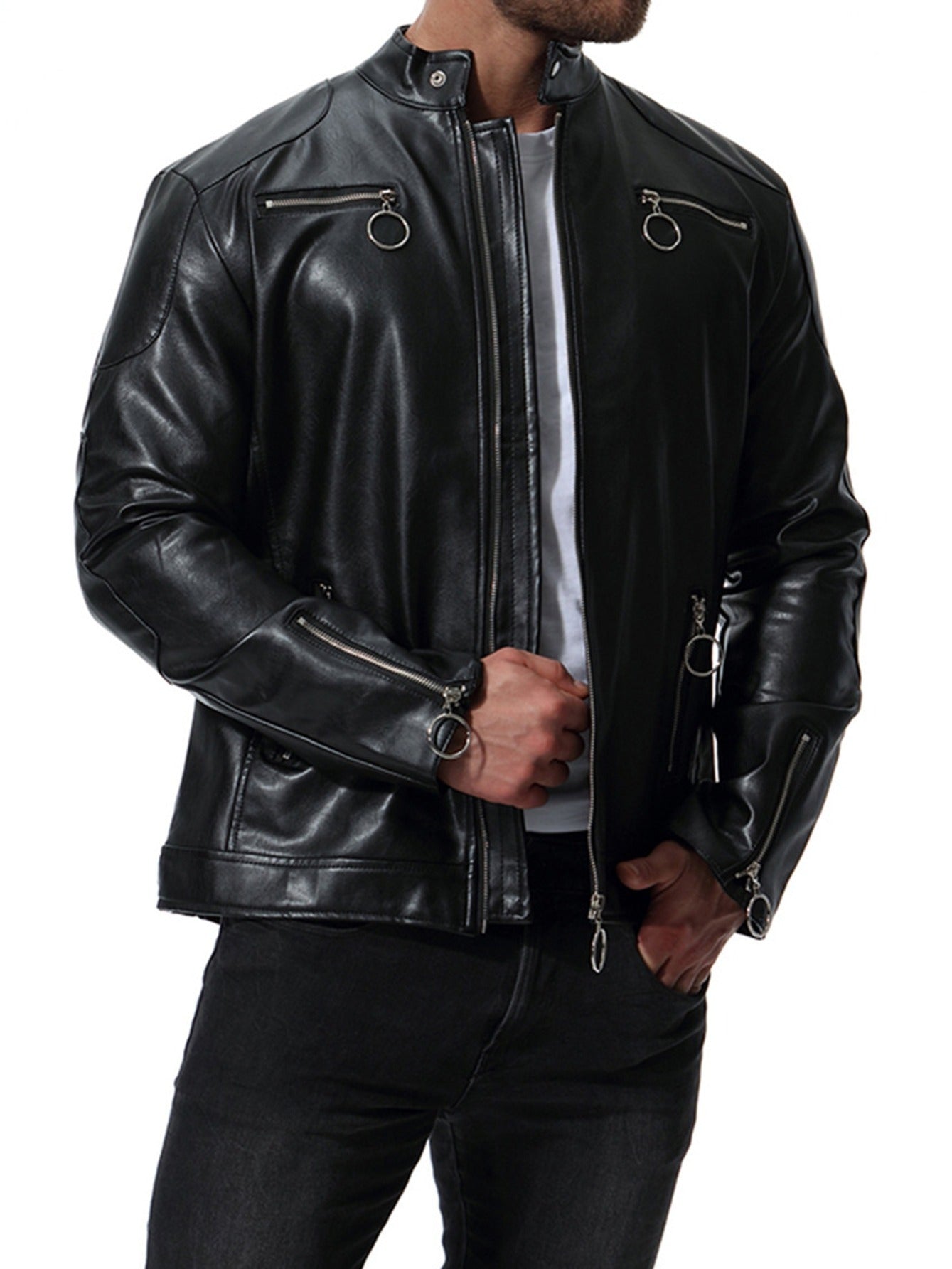 Men's Slim Fit PU Leather Jacket with Stand Collar