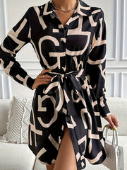  Women's Shirt Dress Letter Print Button Up Long Sleeve