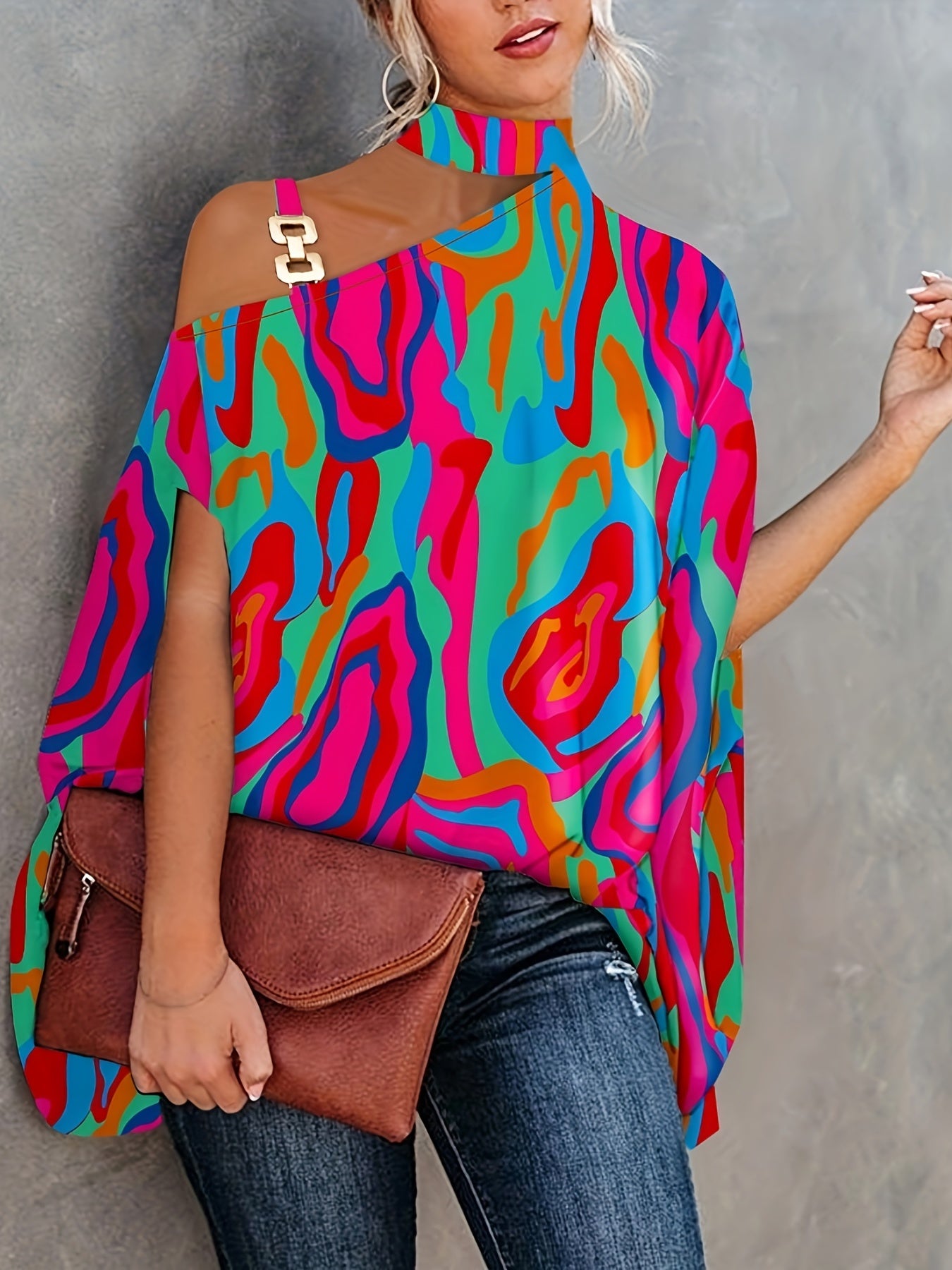 Colorblock Allover Print One Shoulder Blouse