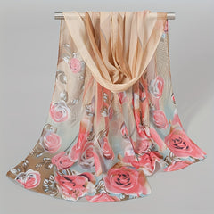 Rose Print Chiffon Scarf Peacock Feather Pattern Thin Breathable Shawl