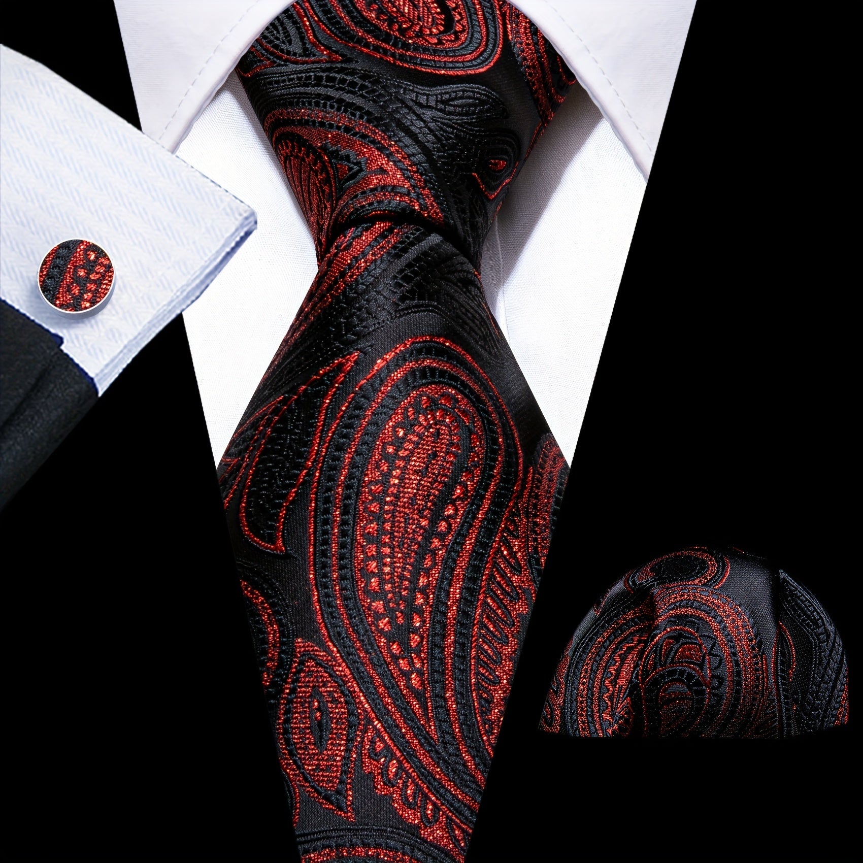 Barry Wang Red&Black Paisley Necktie Set