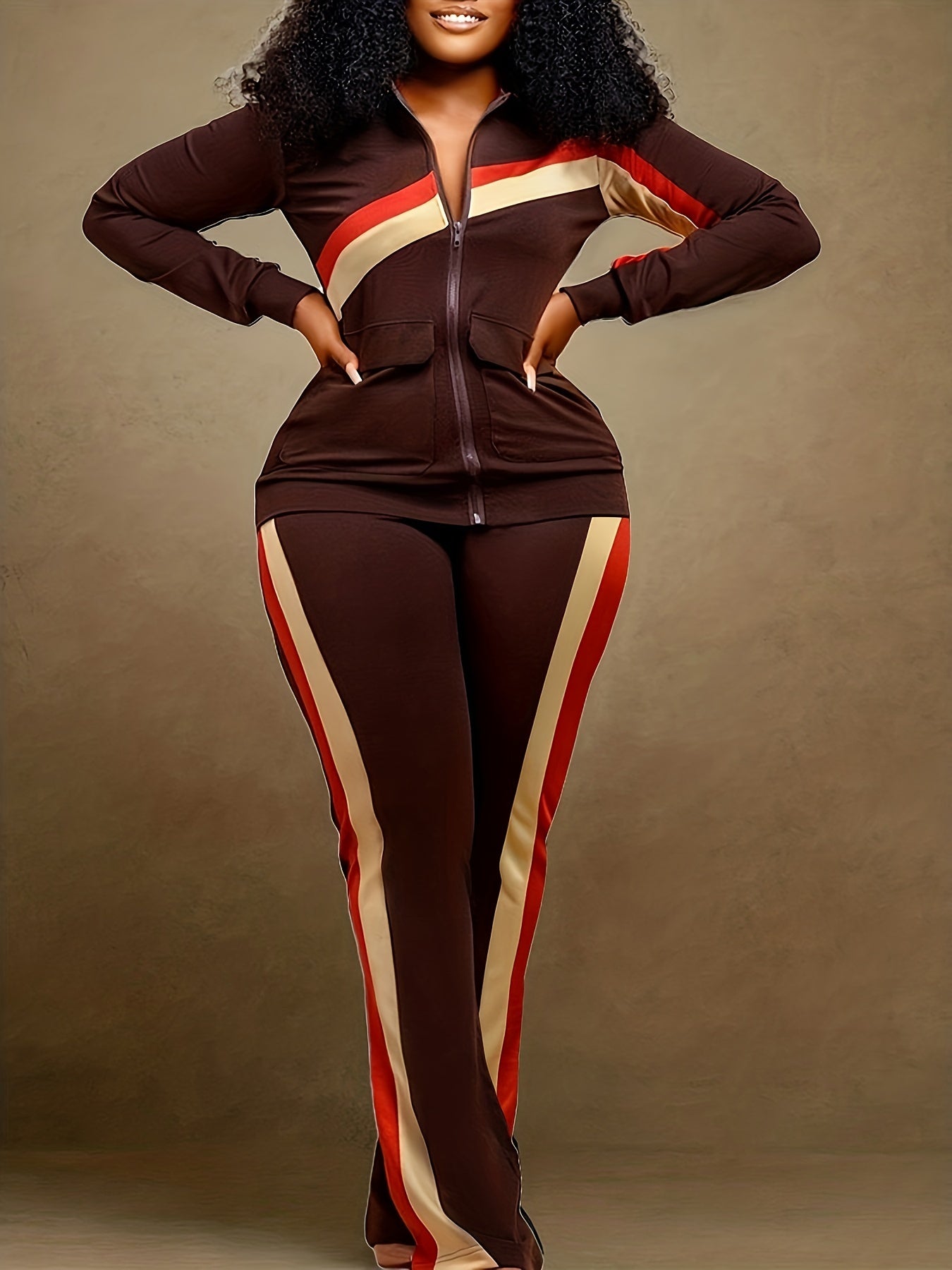  Striped Print Jacket & Pants Set Women's Plus Casual 2pcs Set