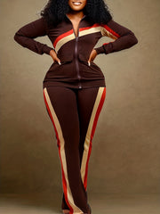  Striped Print Jacket & Pants Set Women's Plus Casual 2pcs Set