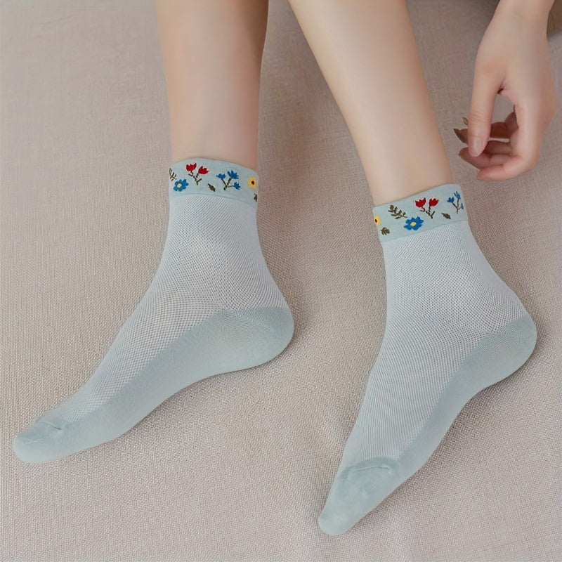 5 Pairs Floral Print Crew Socks Women's Stockings & Hosiery
