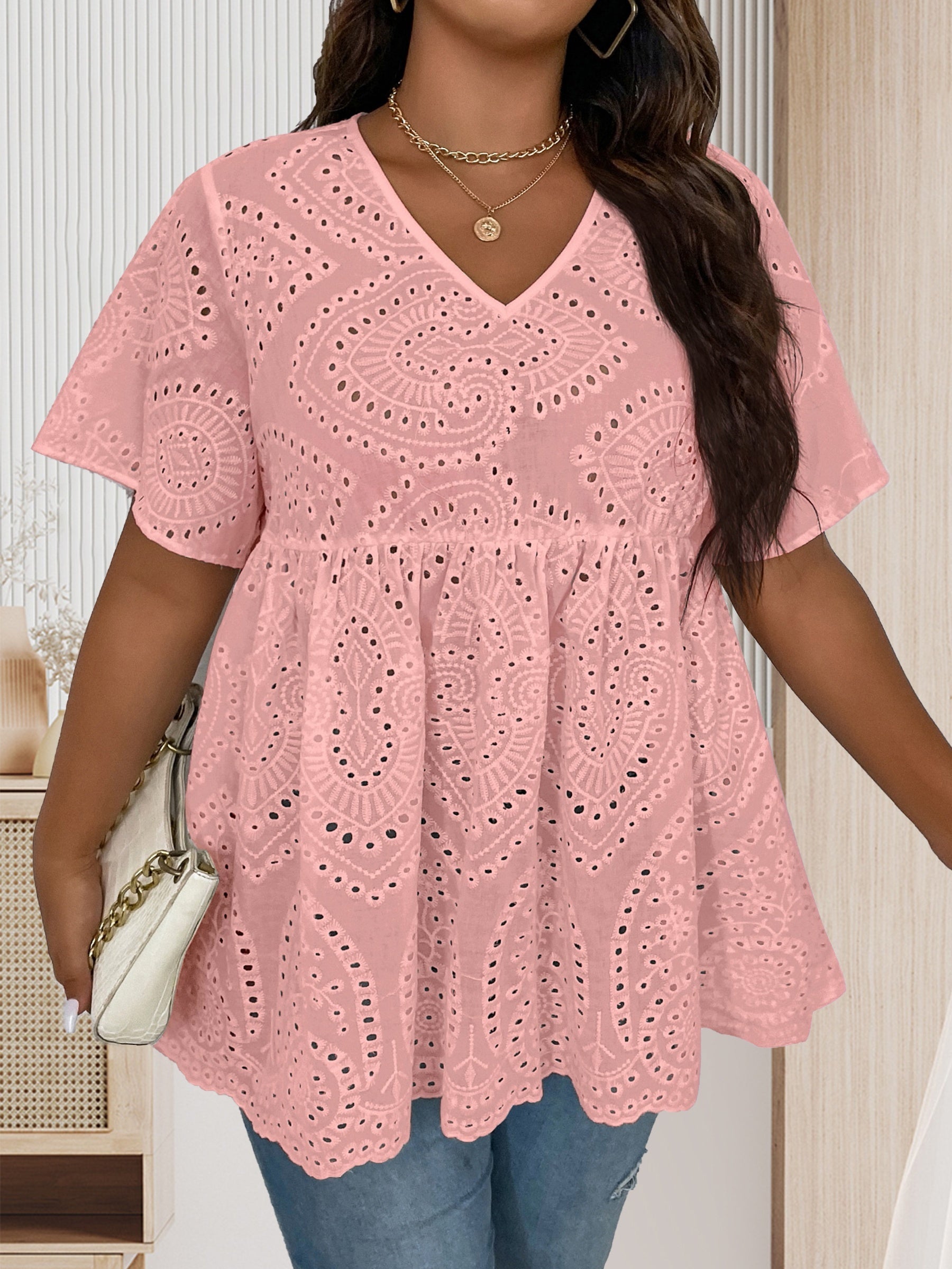  Eyelet Embroidered V Neck Top