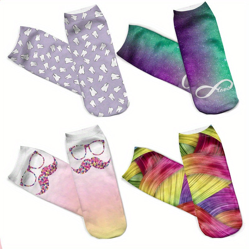 4 Pairs 3D Print Low Cut Socks Soft Lightweight Women's Stockings
