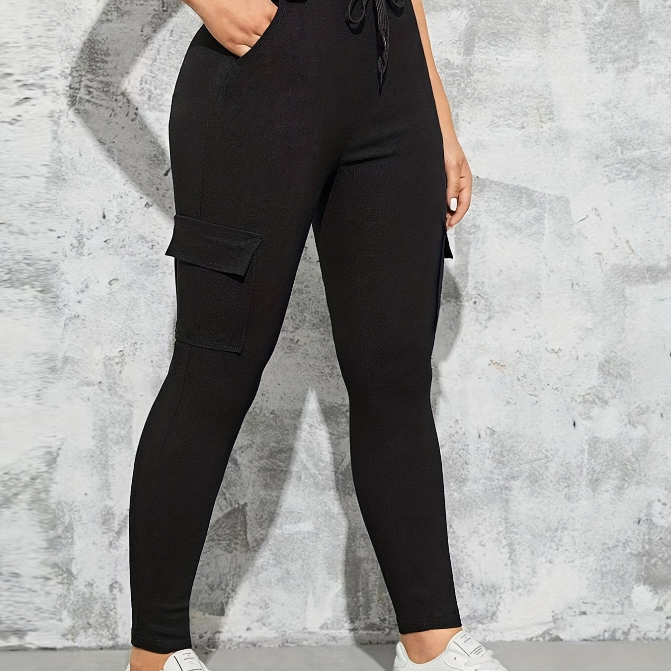 Solid Skinny Pants Drawstring Waist Flap Pocket Casual Pants