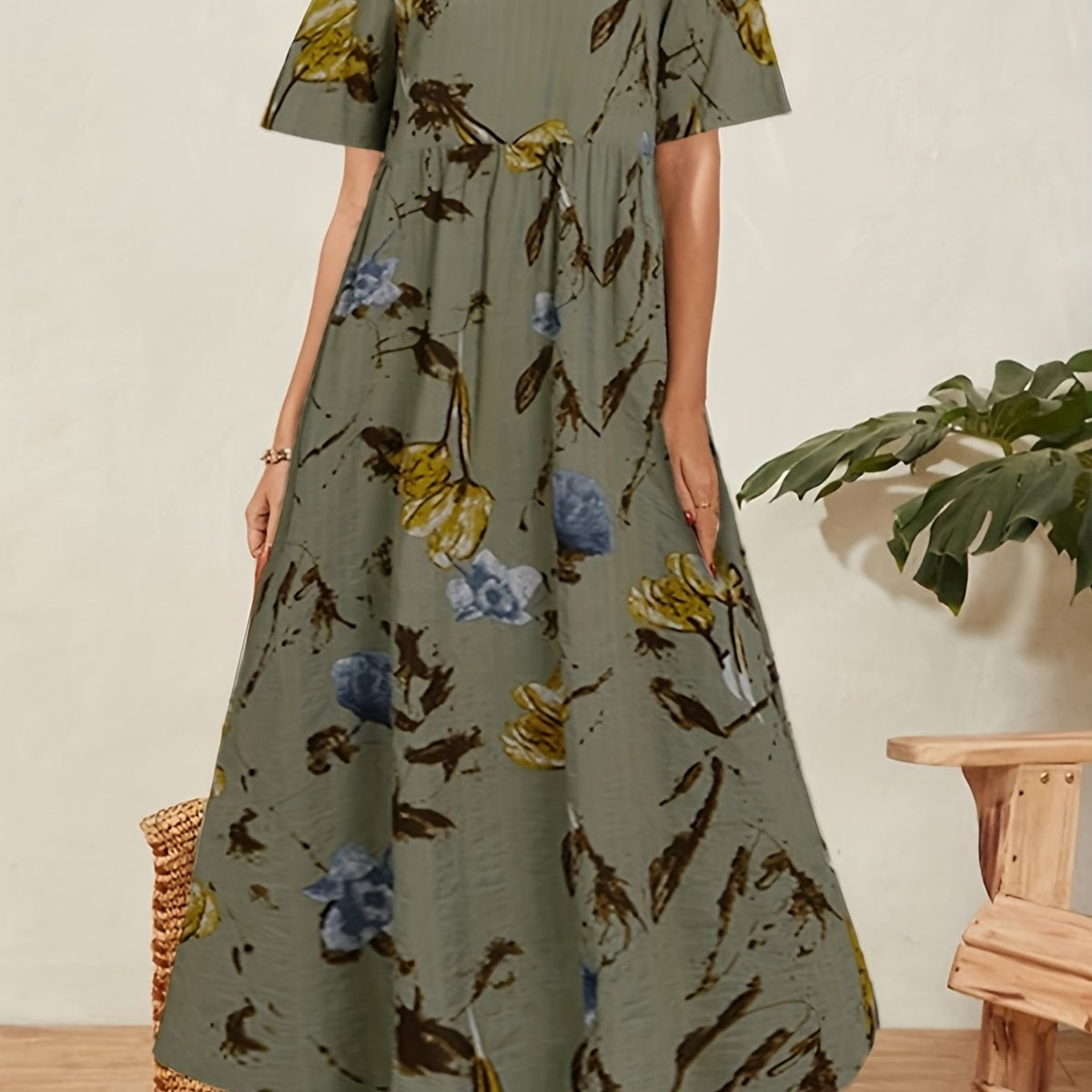  Casual Dress Women's Plus Floral Print Short Sleeve Round Neck Dress