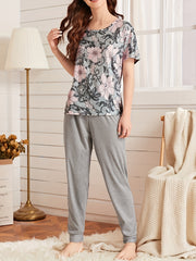 Floral Print Lounge Set Short Sleeve Top & Pants Women's Loungewear