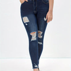  Casual Jeans Women's Plus Solid Ripped Skinny Jeans
