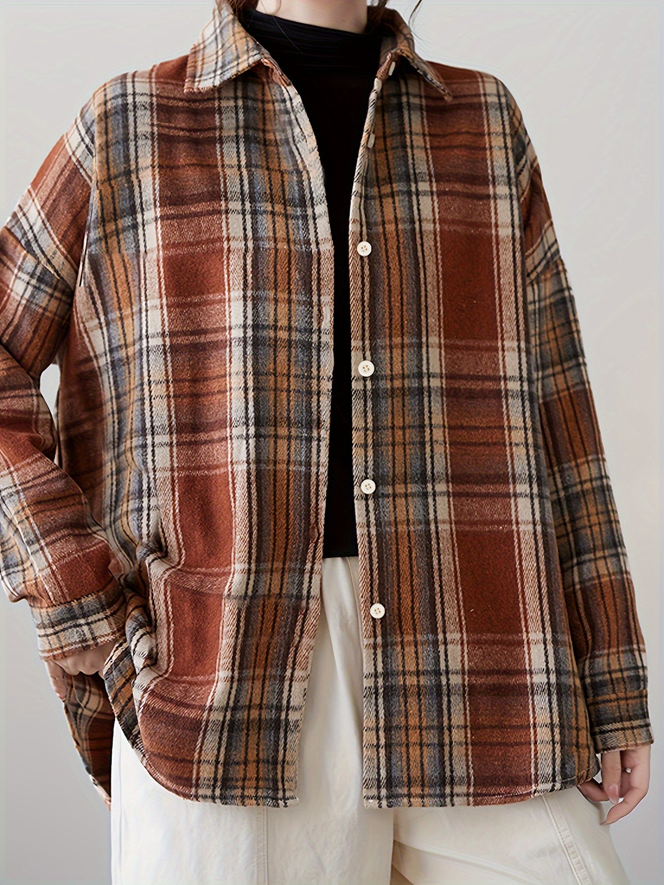  Plaid Print Long Sleeve Button Up Lapel Collar Top