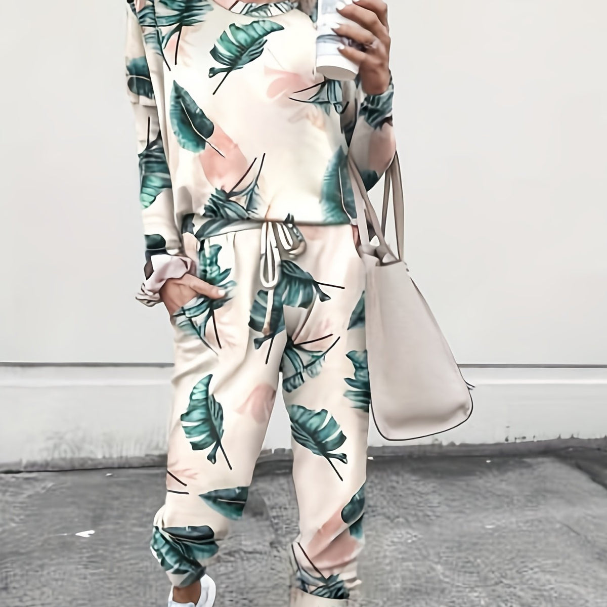  Tropical Print Top & Drawstring Pants Set