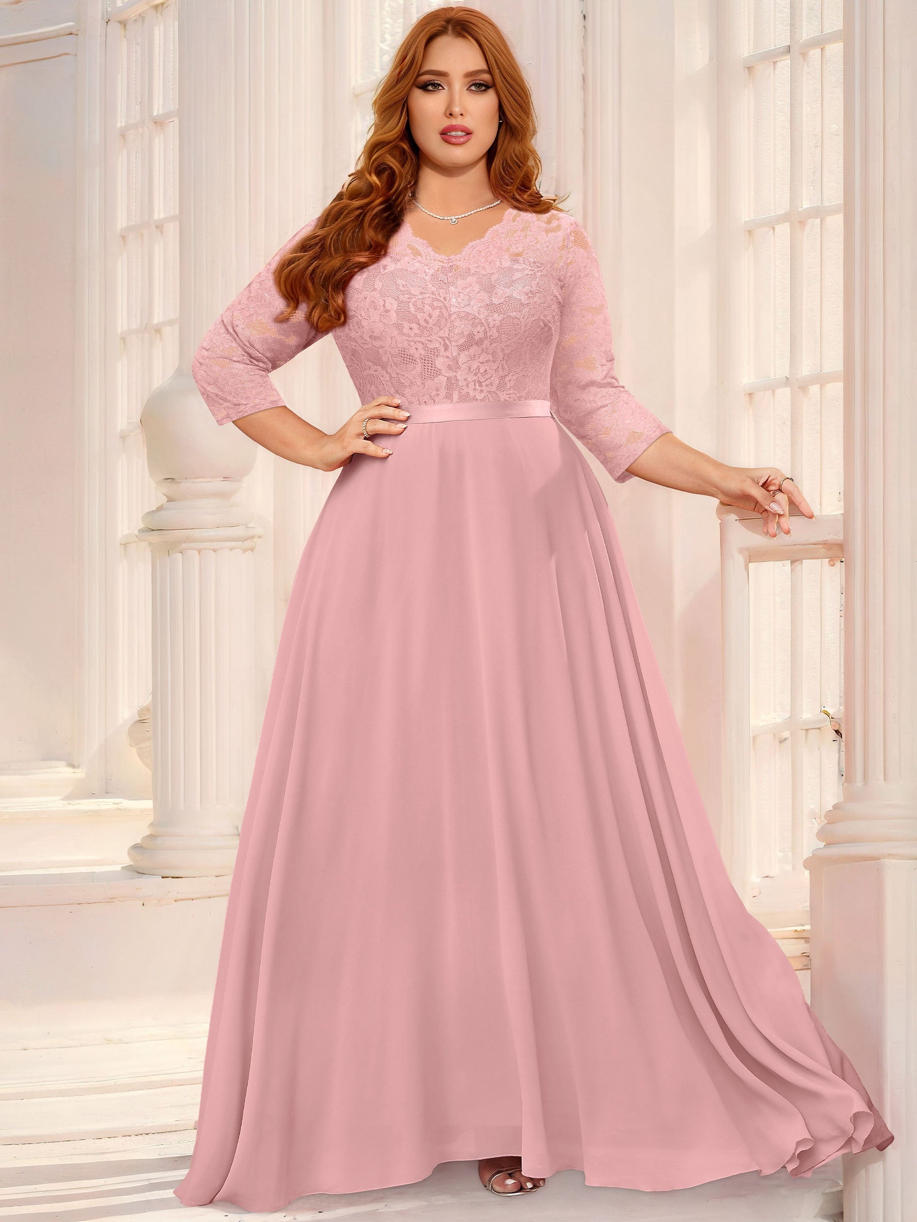  Floral Lace V Neck 3/4 Sleeve Maxi Dress