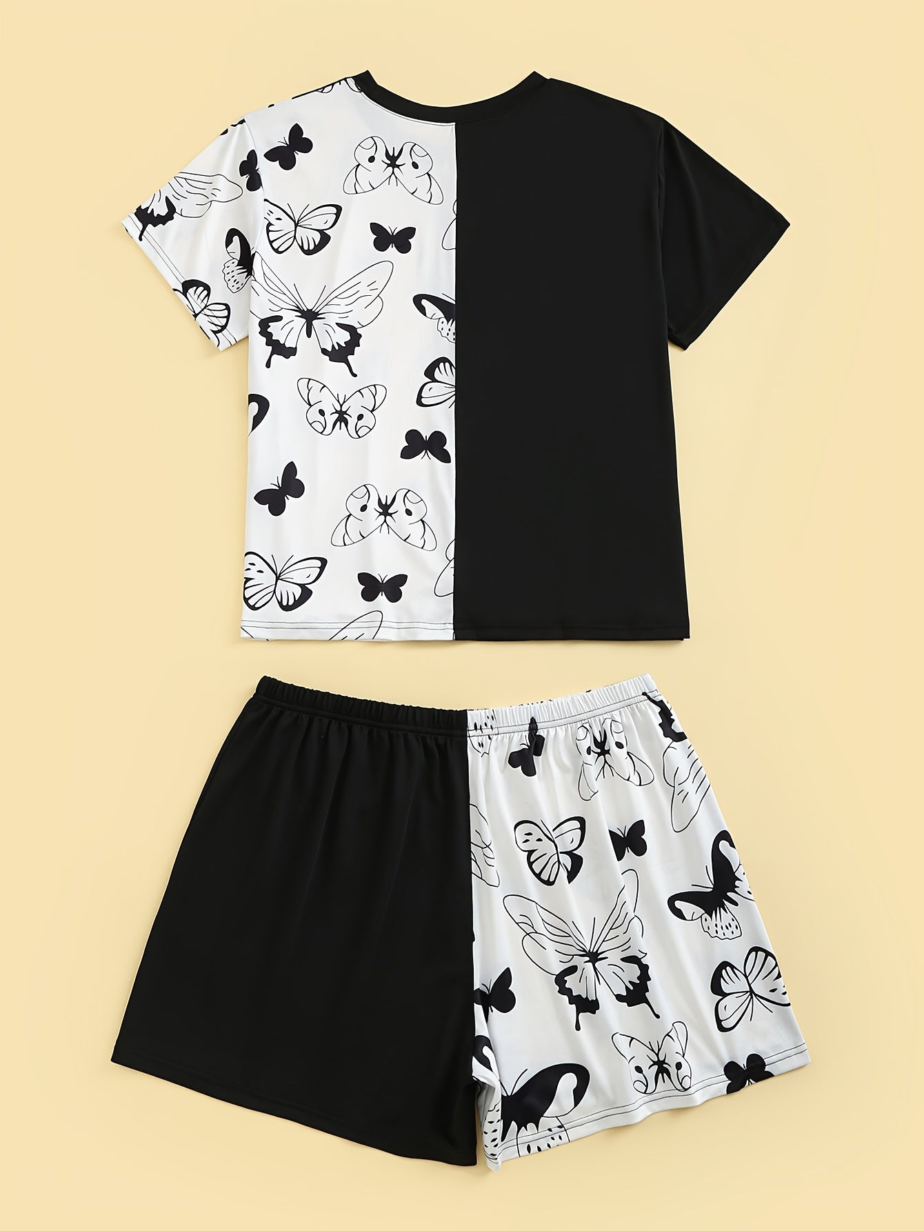  Colorblock Butterfly Print Tee & Shorts Set