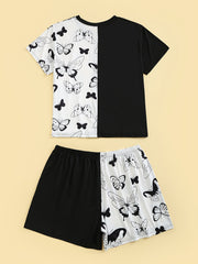  Colorblock Butterfly Print Tee & Shorts Set