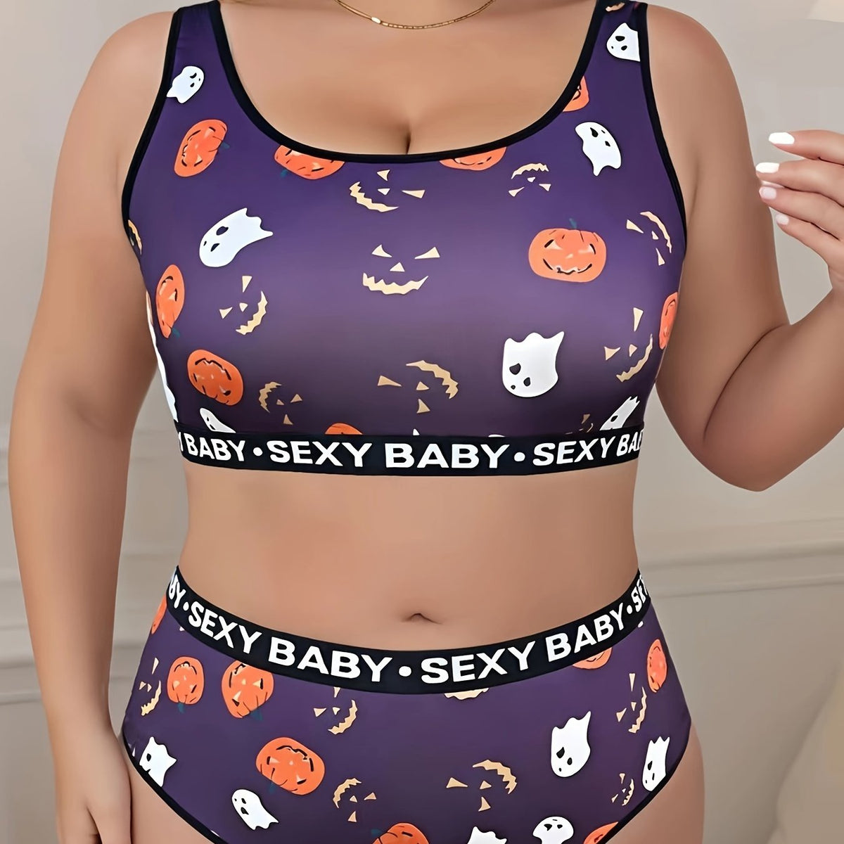  Halloween Sports Lingerie Set Women's Plus Ghost & Pumpkin Print