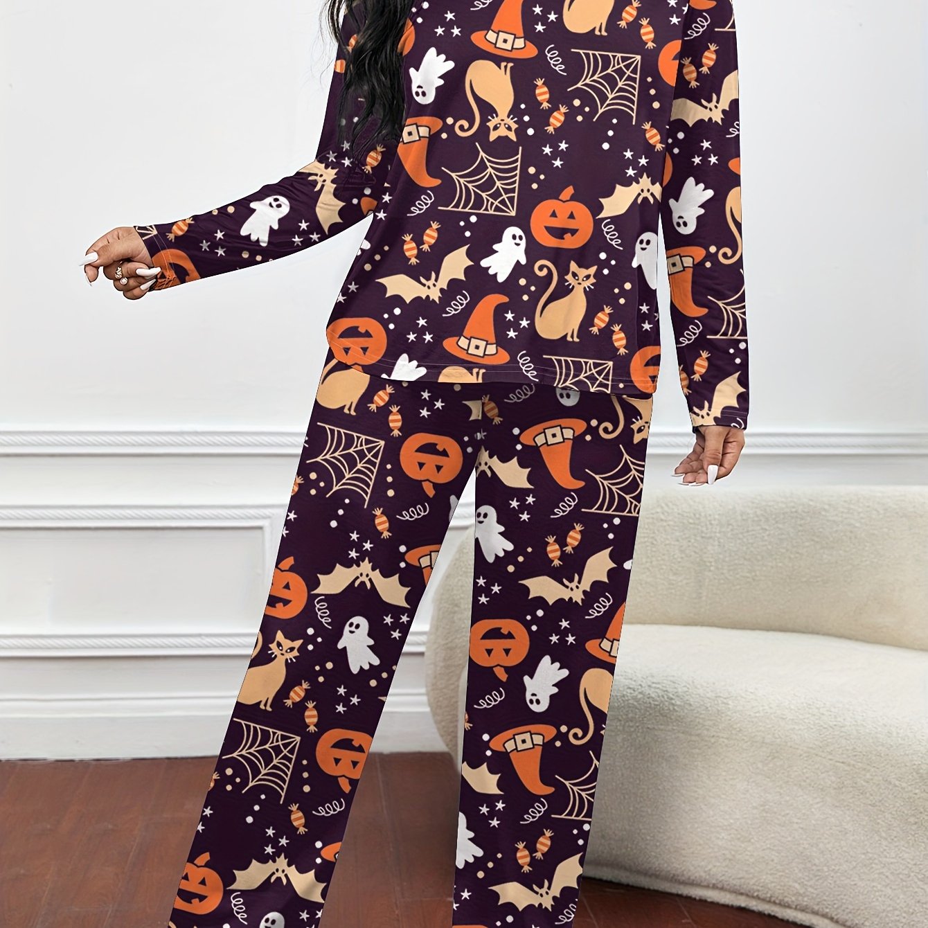  Halloween Pajamas Set Allover Halloween Graphic Tee & Pants Lounge Set